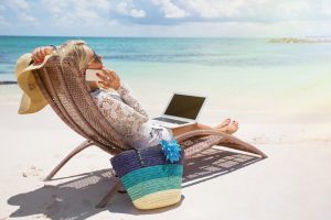 woman working at the beach